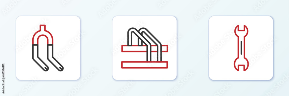 Set line Wrench spanner, Bicycle fork and parking icon. Vector Set line Wrench spanner, Bicycle fork and parking icon. Vector