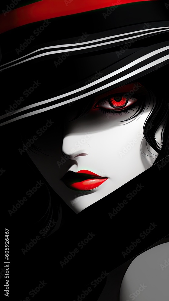 Minimal illustration of a vampire girl wearing hat with red eyes. Generative AI illustration 