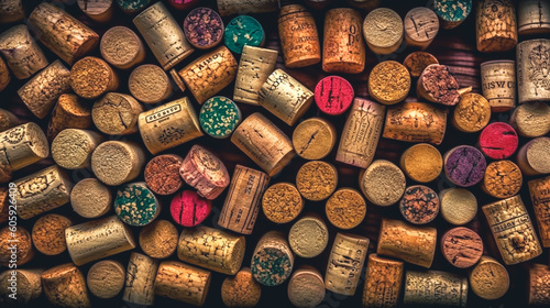 Background of old wine corks, generative AI. photo