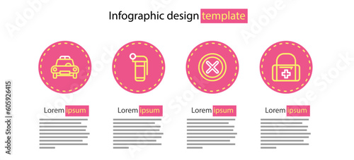 Set line X Mark, Cross in circle, First aid kit, Hand grenade and Police car flasher icon. Vector