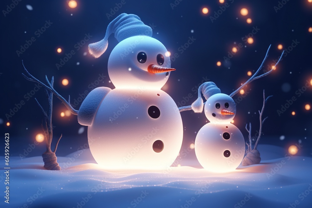 Obraz premium A magic festive snowman family covered in glowing lights, in a winter scene