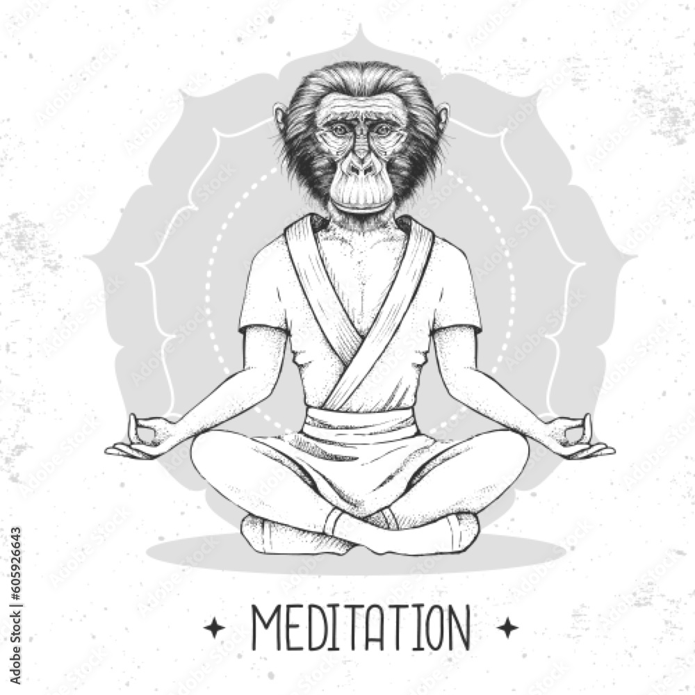 Hand drawing hipster animal monkey meditating in lotus position on mandala background. Vector illustration