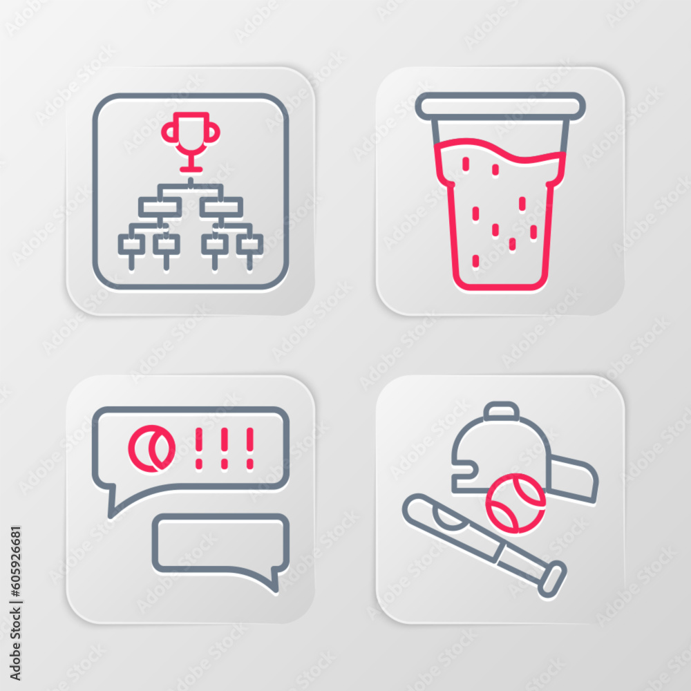Set line Baseball bat with ball, hat, Speech bubble chat baseball, Glass of beer and Championship tournament bracket icon. Vector Set line Baseball bat with ball, hat, Speech bubble chat baseball, Glass of beer and Championship tournament bracket icon. Vector