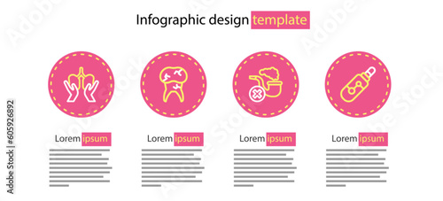 Set line Smoking pipe with smoke, Electronic cigarette, Tooth caries and Lungs icon. Vector