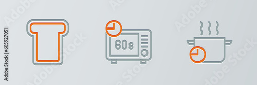 Set line Cooking pot, Bread toast and Microwave oven icon. Vector