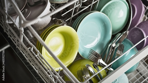 A Clean dishes in dishwashing machine, top view. Generative AI