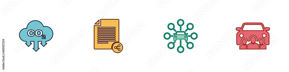 Set CO2 emissions in cloud, Share file, Car sharing and icon. Vector Set CO2 emissions in cloud, Share file, Car sharing and icon. Vector