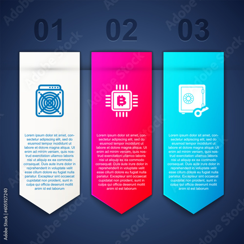 Set ASIC Miner, CPU mining farm and Proof of stake. Business infographic template. Vector