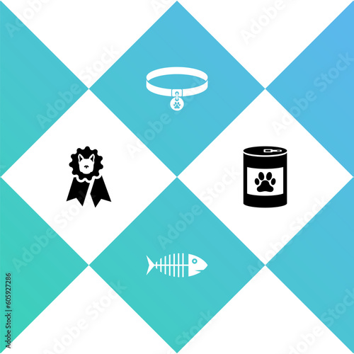 Set Dog award symbol, Fish skeleton, Collar with name tag and Canned food icon. Vector