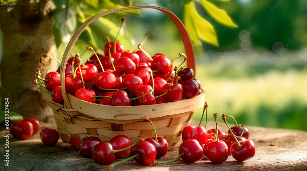 Basket with new harvest of big dark ripe sweet cherries on cherry trees plantation, with background blur. Generative AI Basket with new harvest of big dark ripe sweet cherries on cherry trees plantation, with background blur. Generative AI