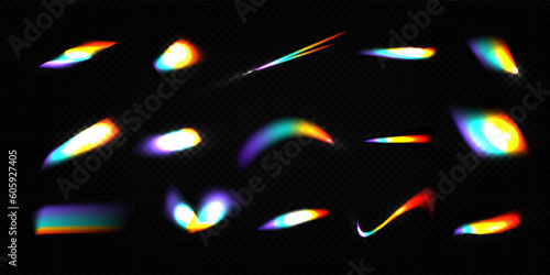 Crystal rainbow light leak flare reflection effect vector illustration set. Colorful optical rainbow lights beams lens flare leak overlay streaks on transparent dark background.