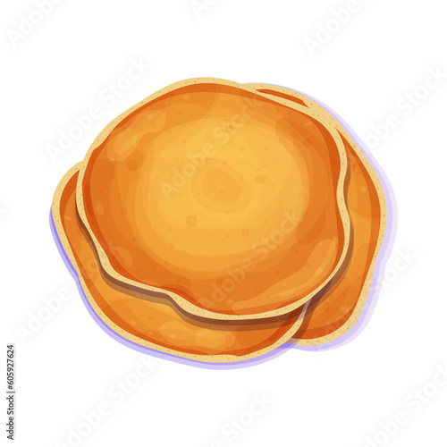 Pancake top view in cartoon style isolated on white background. Circle dessert, breakfast. 