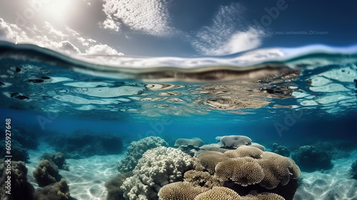 An underwater view of a coral reef with a cloud in sky and a blue sky in the background, with a small amount of water bubbles in the foreground. Generative AI