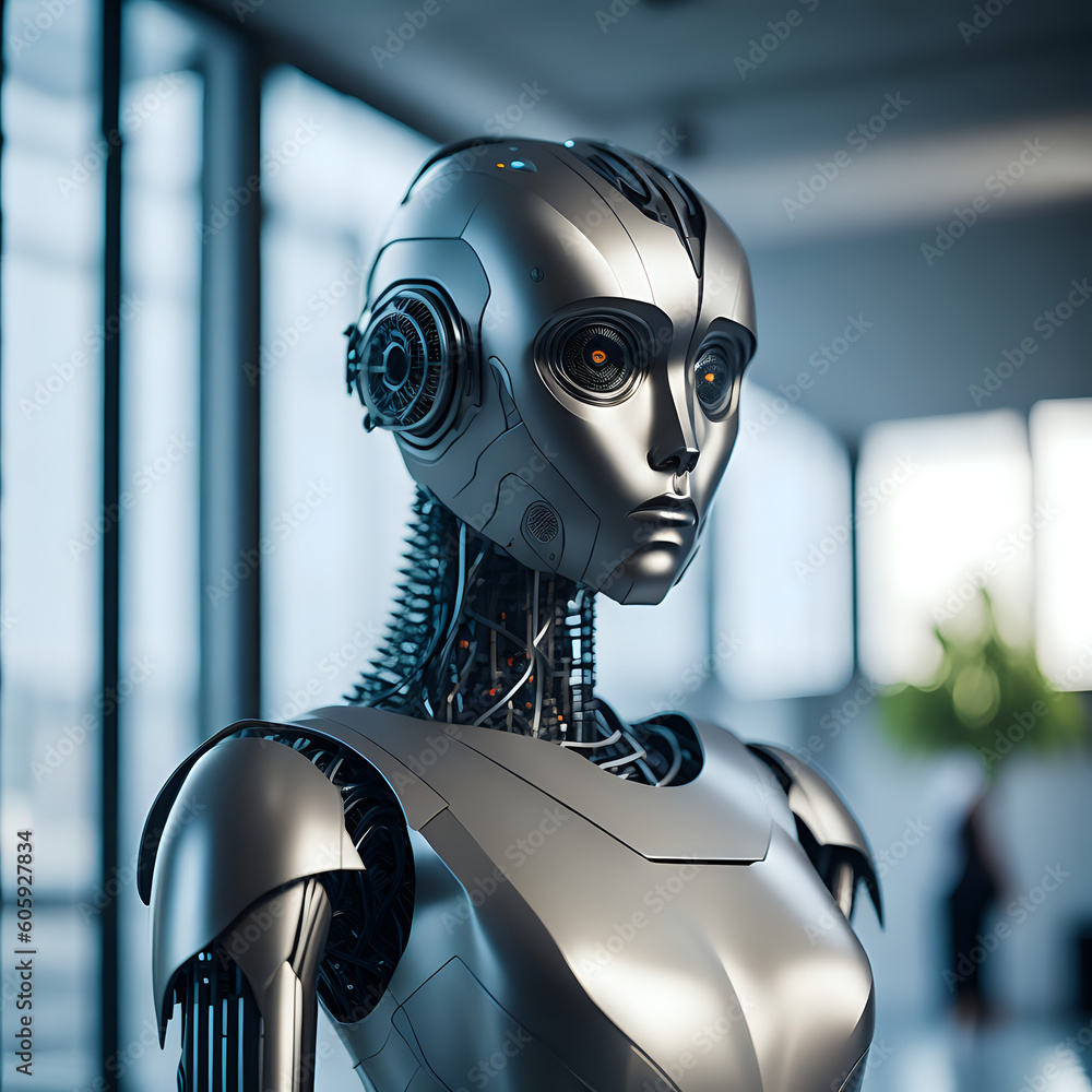 Sleek Humanoid AI Robot in Futuristic Dark Room | Cutting-Edge Technology  and Futuristic Gadgets | Polished Silver Finish Exudes Sophistication and  Intelligence Stock Illustration | Adobe Stock