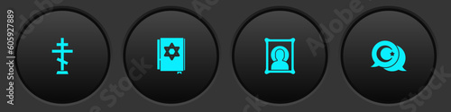 Set Christian cross, Jewish torah book, icon and Star and crescent icon. Vector