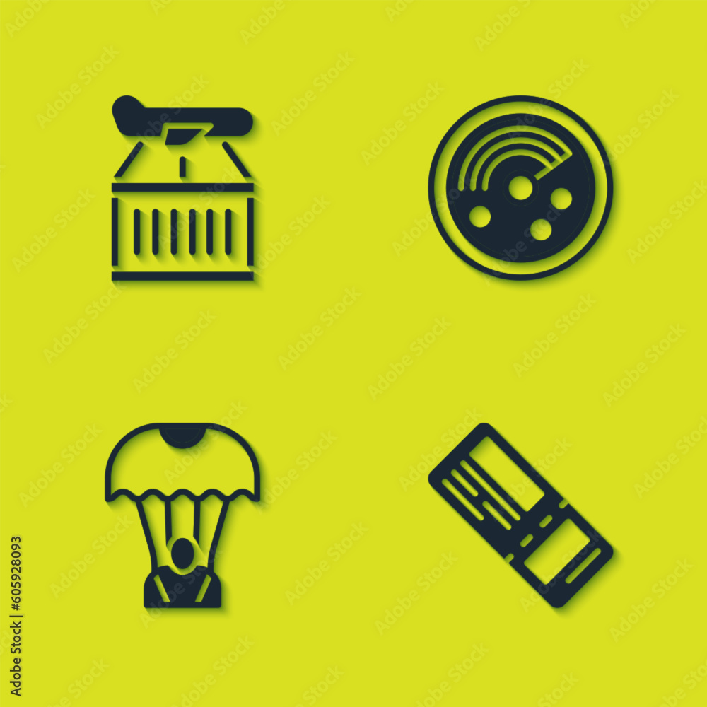Set Plane, Airline ticket, Parachute and Radar with targets on monitor icon. Vector Set Plane, Airline ticket, Parachute and Radar with targets on monitor icon. Vector