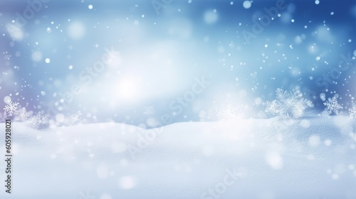 Festive Christmas natural snowy background, abstract empty stage, snow, snowdrift and defocused Christmas lights on light blue background, copy space