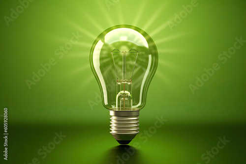 A lightbulb against a green background. Concept motif on the theme of green energy, alternative energy and green electricity.