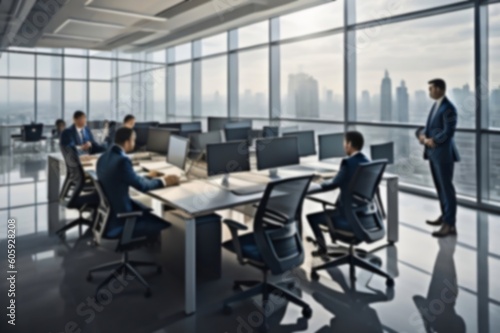 Blurred business people working in a modern office. Generative AI.