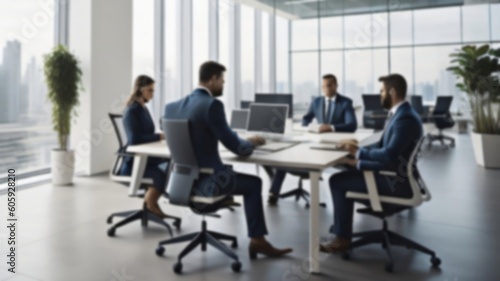 Blurred business people working in a modern office. Generative AI.