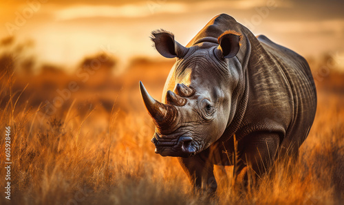 Photo of northern white rhinoceros  captured in the grasslands of East Africa. The rhino is depicted in a majestic and powerful pose showing its rugged skin and muscular build. Generative AI