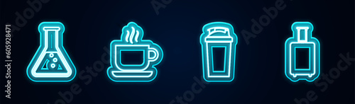 Set line Test tube and flask, Coffee cup, Fitness shaker and Travel suitcase. Glowing neon icon. Vector