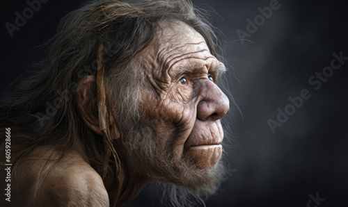 close up photo of Neanderthal (archaic human) on dark blurry cave background. Generative AI