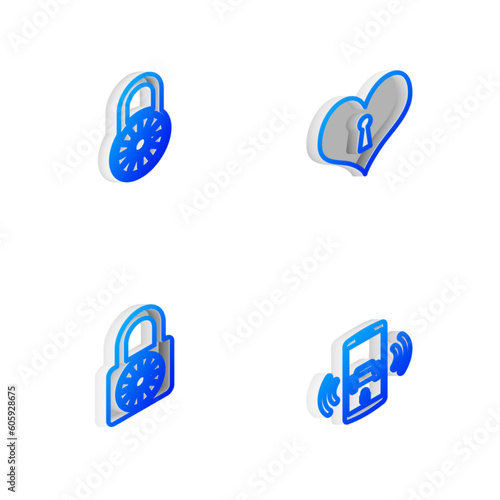 Set Isometric line Heart with keyhole, Safe combination lock wheel, and Smart car alarm system icon. Vector