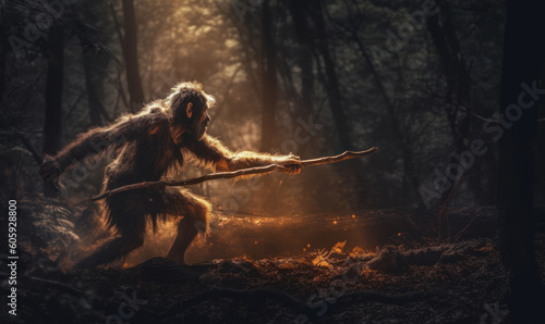 Photo of Neanderthal (archaic human) hunting in a dense, prehistoric forest. The powerful figure is captured mid-stride, brandishing a spear with expert precision. Generative AI photo