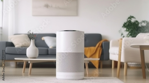 Air purifier in cozy white living room for filter and cleaning removing dust and virus in home  Generative AI