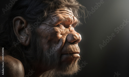 close up photo of Neanderthal (archaic human) on dark blurry cave background. Generative AI