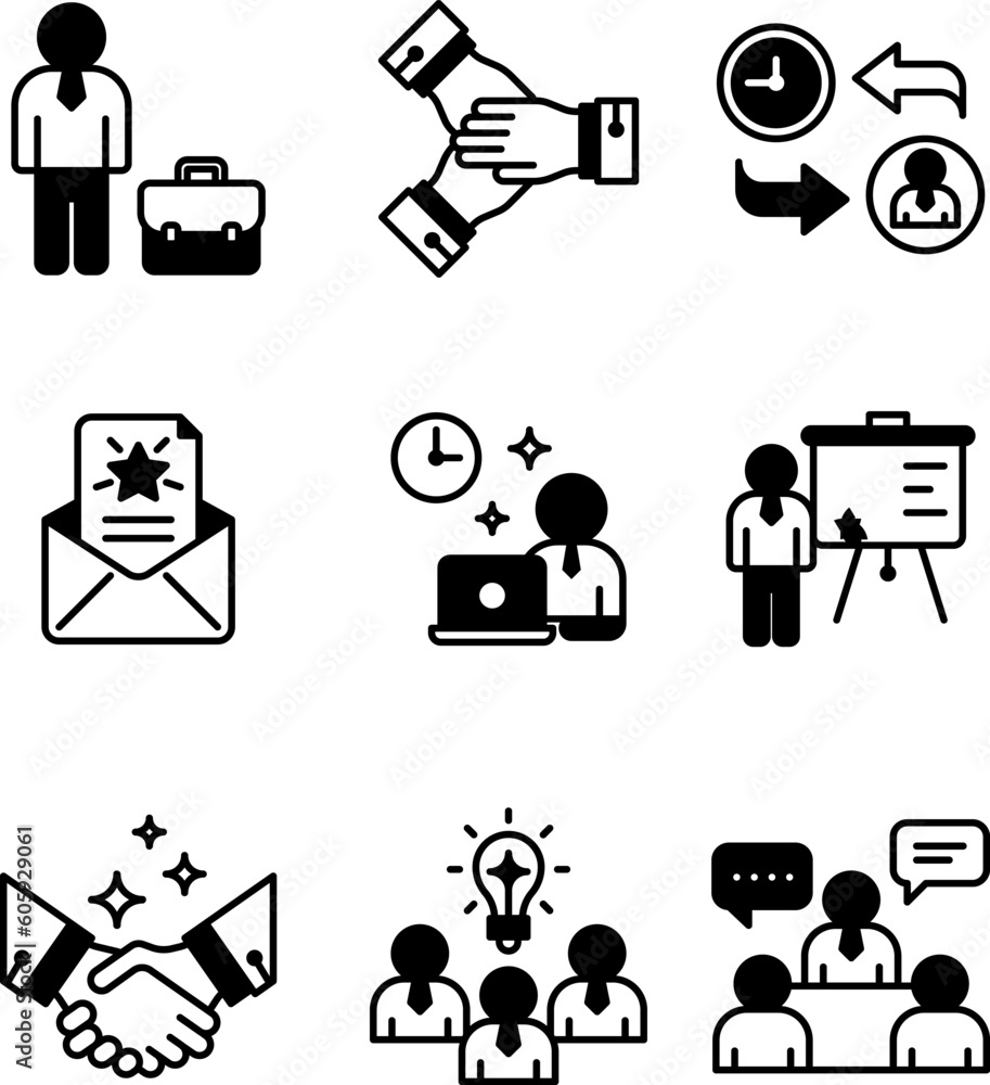 Recruitment and employee icon sheets design. HR human resources glyph style icon set Recruitment and employee icon sheets design. HR human resources glyph style icon set