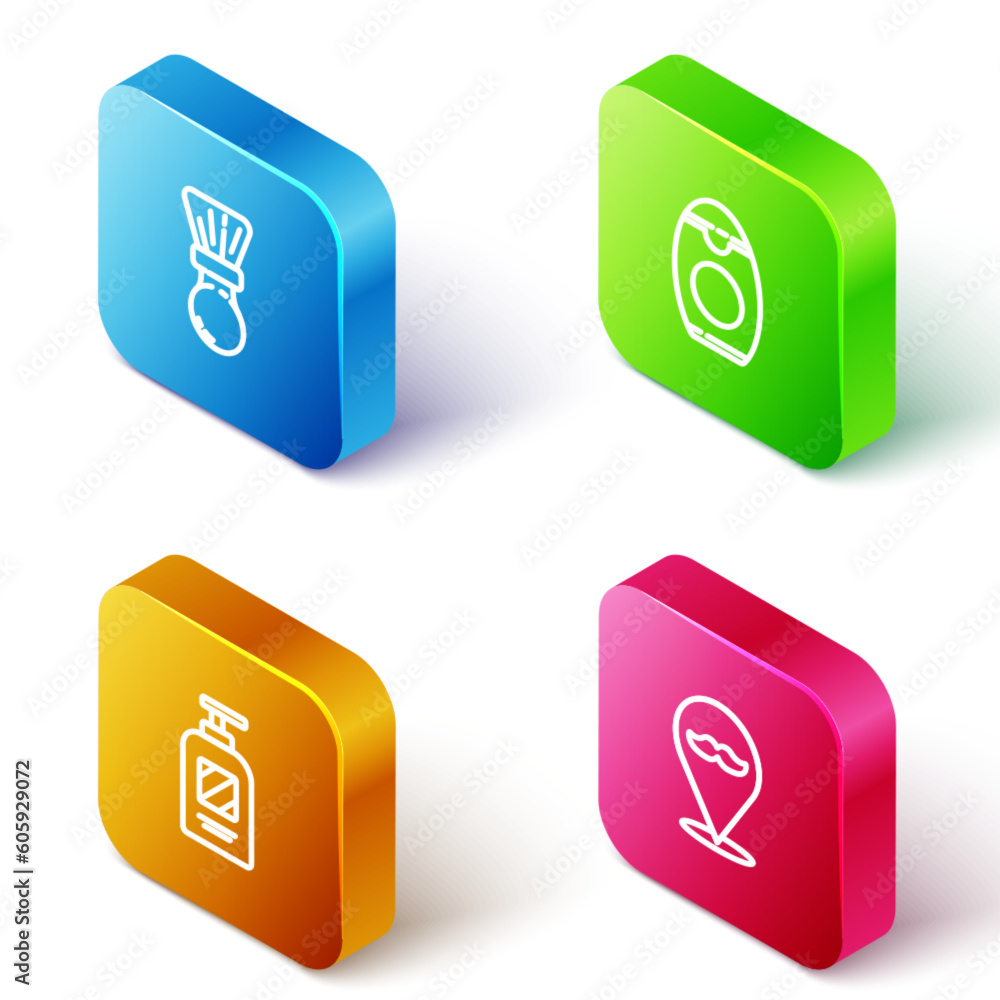 Set Isometric line Shaving brush, Bottle of shampoo, and Barbershop icon. Vector Set Isometric line Shaving brush, Bottle of shampoo, and Barbershop icon. Vector