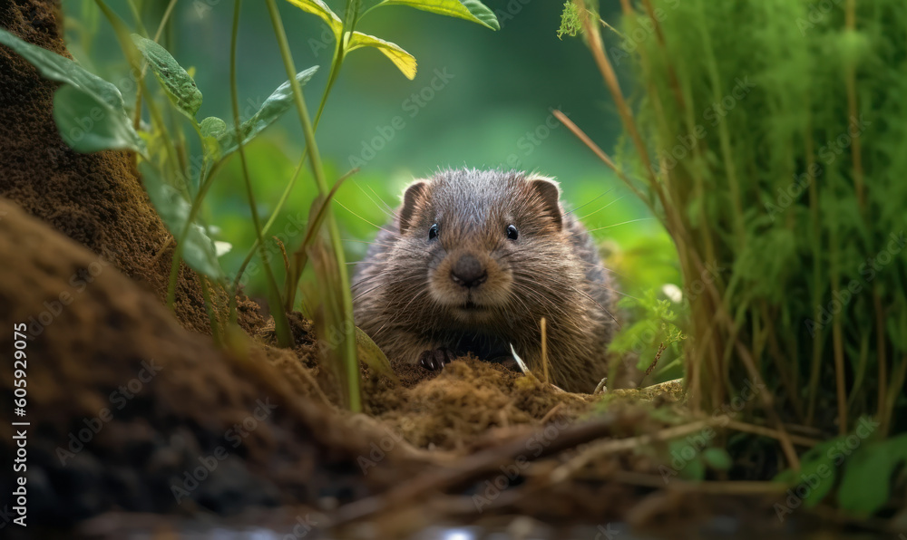 The Enchanting World of Mountain Beavers: A Hyperrealistic Journey Through Their Hidden Habitat. Mountain beaver in a burrow, surrounded by lush foliage and earthy textures. Generative AI The Enchanting World of Mountain Beavers: A Hyperrealistic Journey Through Their Hidden Habitat. Mountain beaver in a burrow, surrounded by lush foliage and earthy textures. Generative AI
