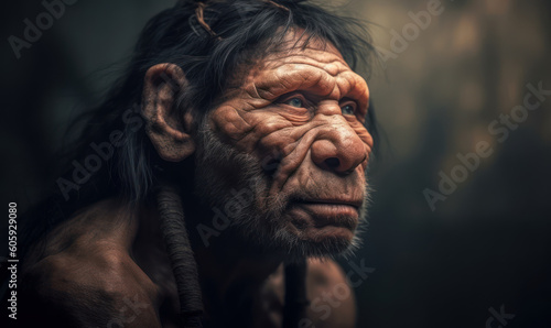 close up photo of Neanderthal (archaic human) on dark blurry cave background. Generative AI © Bartek