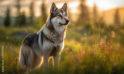 sunset photo of Norwegian elkhound in tall green grass with blurry forest background. Generative AI photo