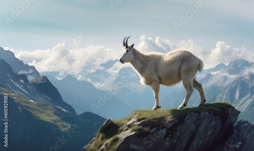 Mountain Goat: Ruler of the Alpine Kingdom. Photo of mountain goat, standing majestically atop a rocky cliff overlooking a breathtaking alpine landscape. Generative AI