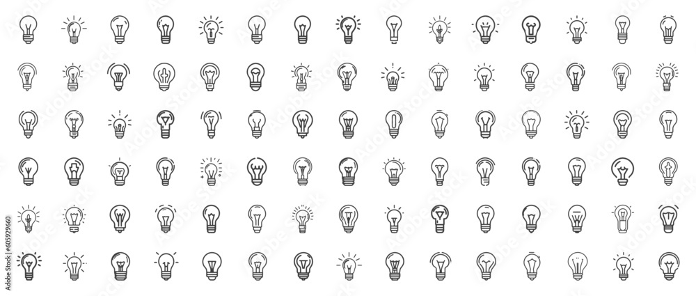 Bulb thin line icons. Pack of light bulb icons on the white background. Trendy stroke signs for website, apps and UI. 