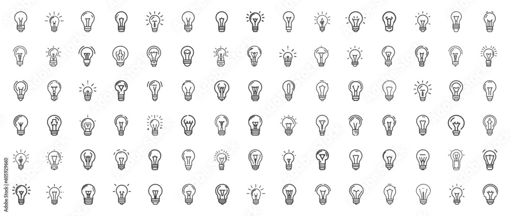 Bulb thin line icons. Pack of light bulb icons on the white background. Trendy stroke signs for website, apps and UI. Bulb thin line icons. Pack of light bulb icons on the white background. Trendy stroke signs for website, apps and UI.