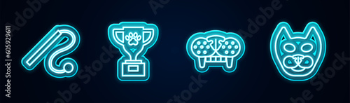 Set line Pet cat toy, award, Cat tooth and . Glowing neon icon. Vector
