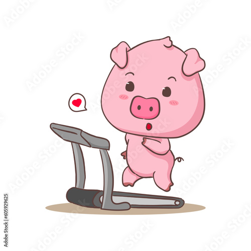 Cute pig cartoon character running on treadmill. Adorable animal concept design. Isolated white background. Vector art illustration.