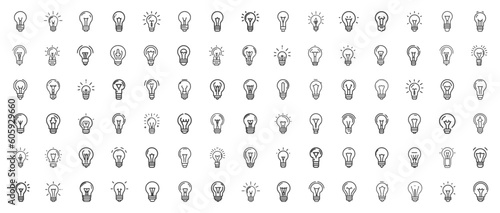Bulb thin line icons. Pack of light bulb icons on the white background. Trendy stroke signs for website  apps and UI. 