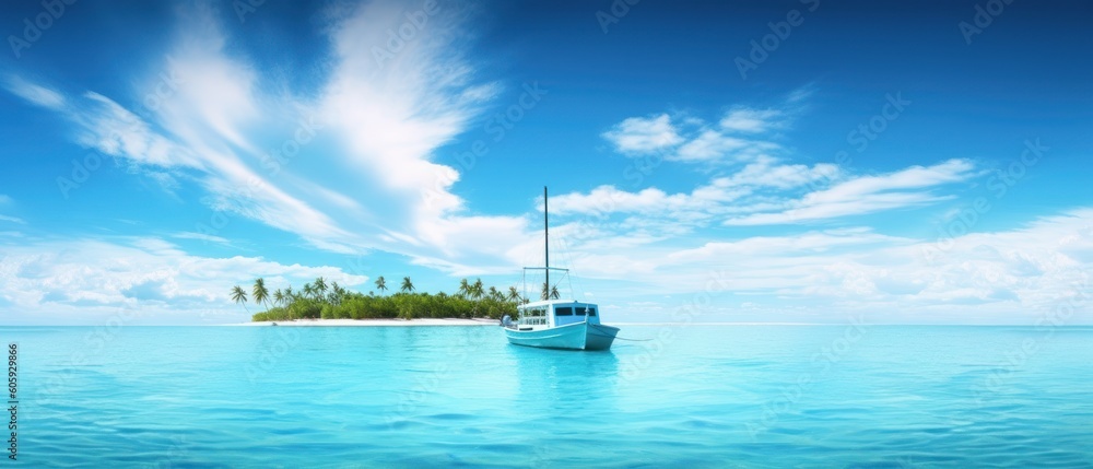 Naklejka premium Boat in turquoise ocean water against blue sky with white clouds and tropical island. Natural landscape for summer vacation, panoramic view.