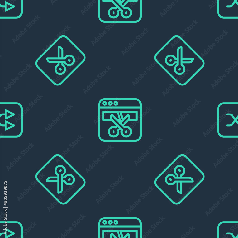 Set line Video recorder or editor, Music video editing and Arrow shuffle on seamless pattern. Vector
