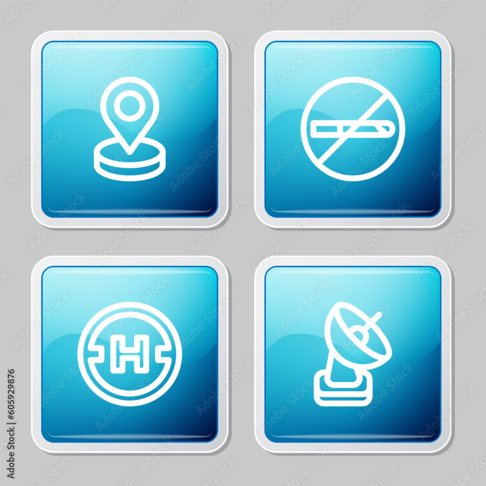 Set line Location, No Smoking, Helicopter landing pad and Radar icon. Vector Set line Location, No Smoking, Helicopter landing pad and Radar icon. Vector