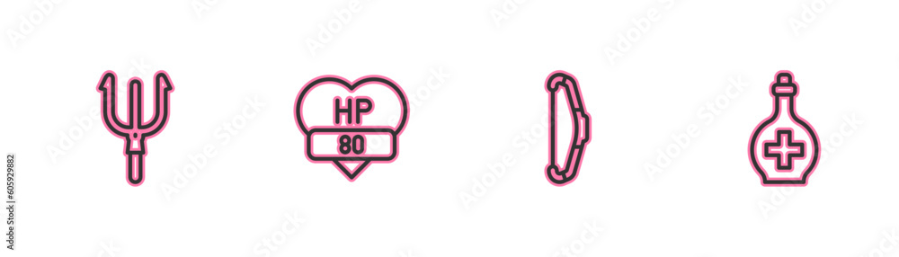 Set line Neptune Trident, Medieval bow, Video game bar and Bottle with potion icon. Vector Set line Neptune Trident, Medieval bow, Video game bar and Bottle with potion icon. Vector