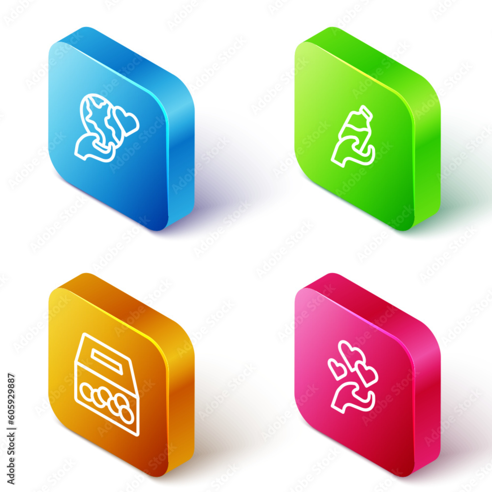 Set Isometric line Hand holding Earth globe, Donation water, charity and Heart hand icon. Vector Set Isometric line Hand holding Earth globe, Donation water, charity and Heart hand icon. Vector