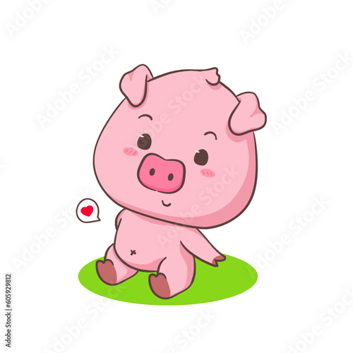 Cute pig cartoon character sitting on the park. Adorable animal concept design. Isolated white background. Vector art illustration.