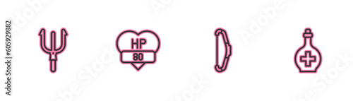 Set line Neptune Trident, Medieval bow, Video game bar and Bottle with potion icon. Vector