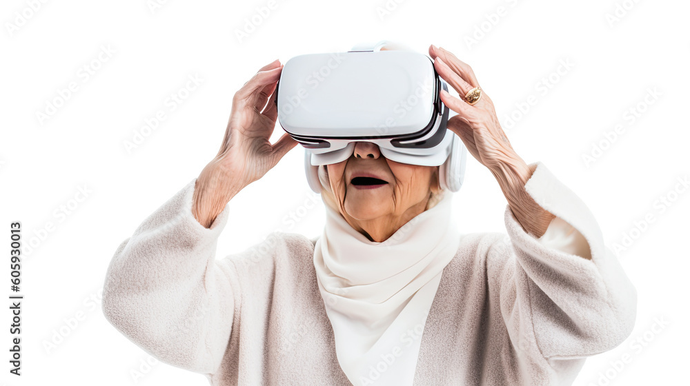 Portrait of a senior woman with VR goggles in a studio. Generative AI Portrait of a senior woman with VR goggles in a studio. Generative AI